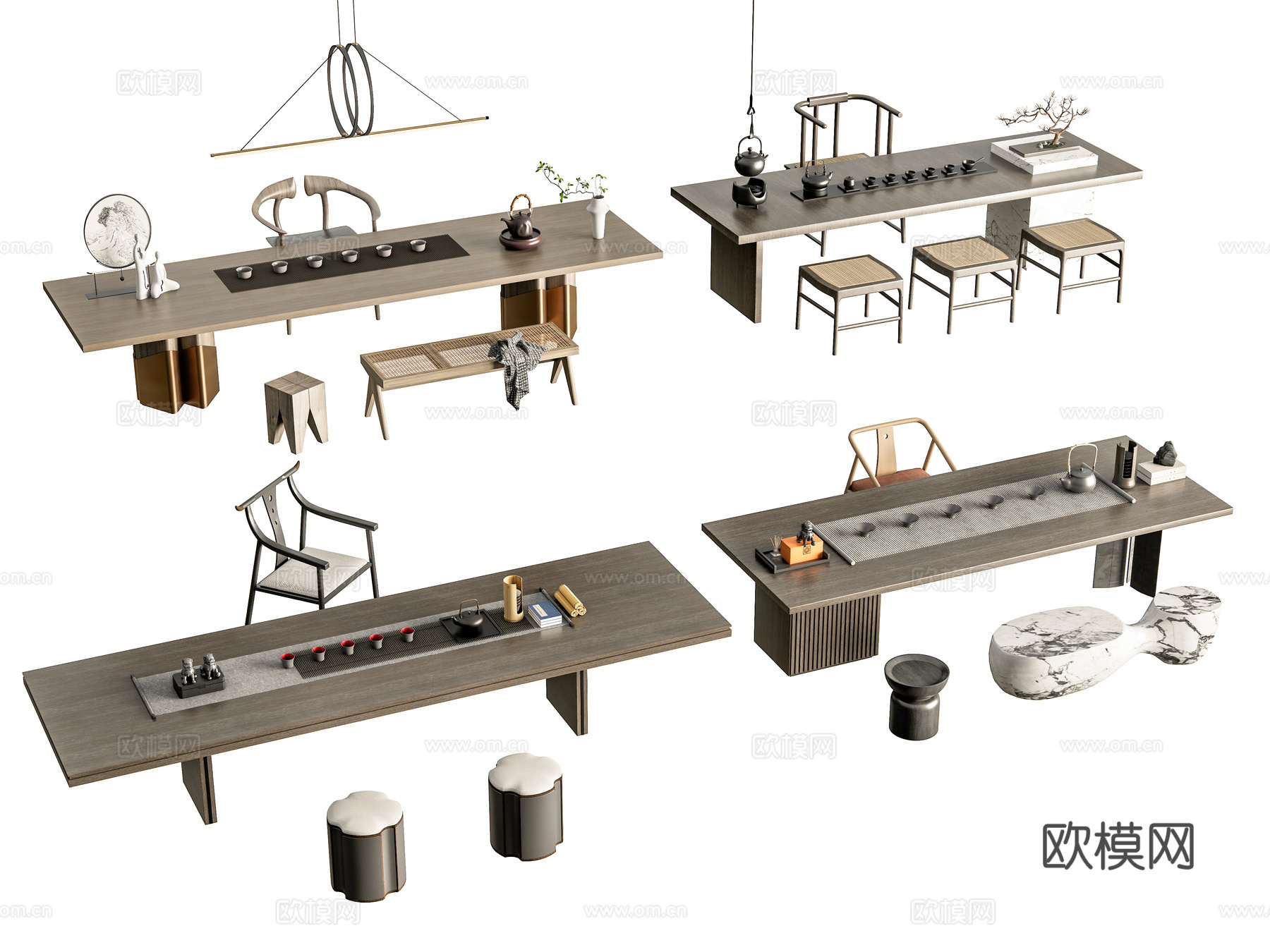 新中式茶桌椅 茶桌椅组合 茶台 茶桌椅 茶具用品组合3d模型下载