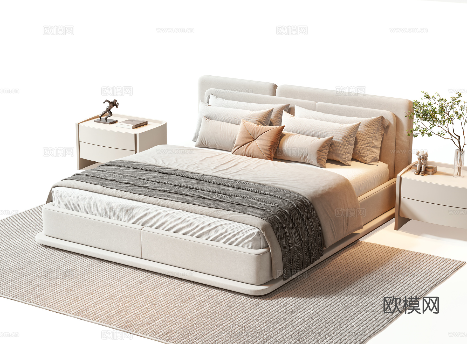 现代双人床 床 双人床 床头柜 摆件 枕头 书 绿植 饰品免费3d模型