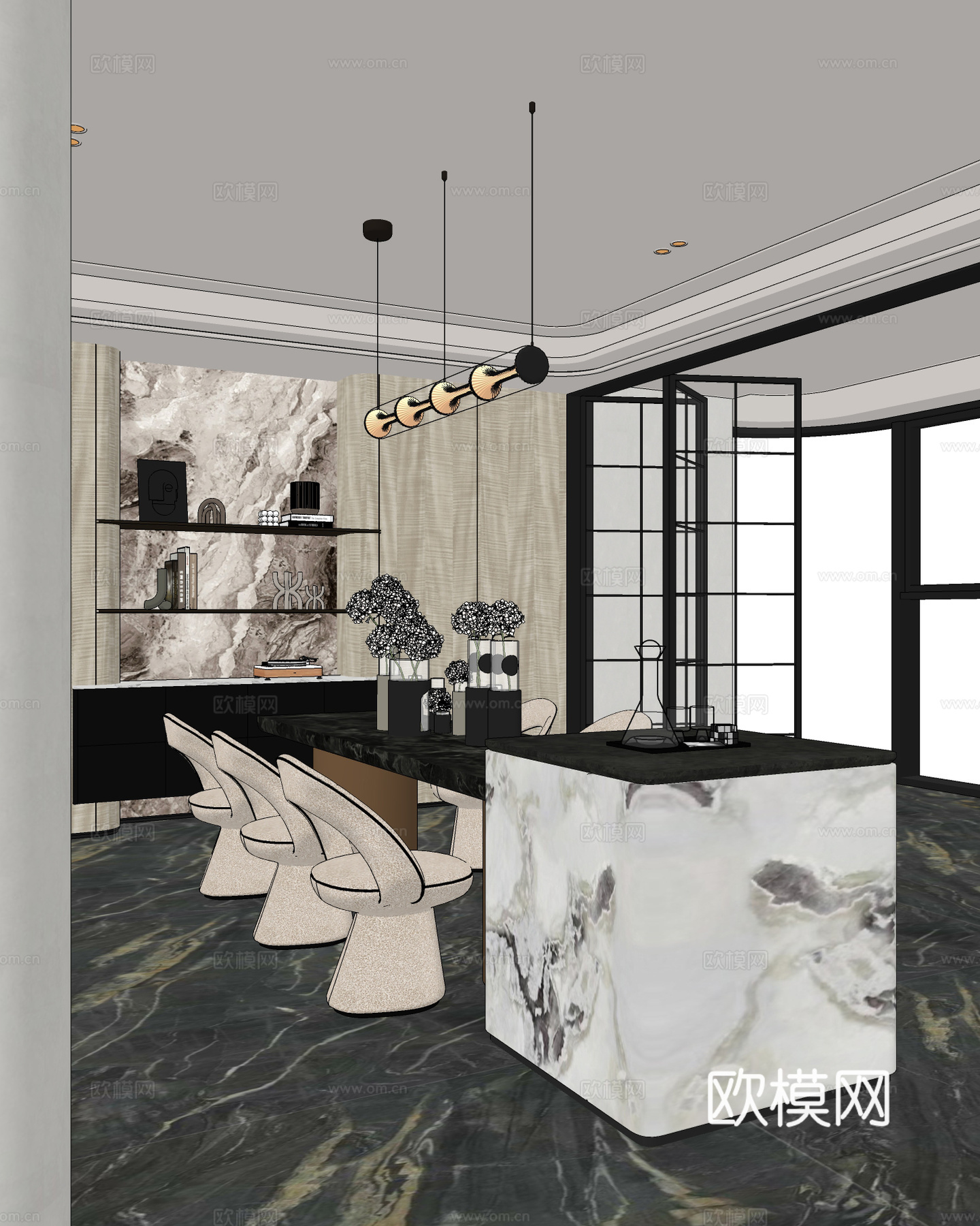 现代餐厅 岛台餐厅 餐桌椅 餐椅 吊灯 餐柜su模型