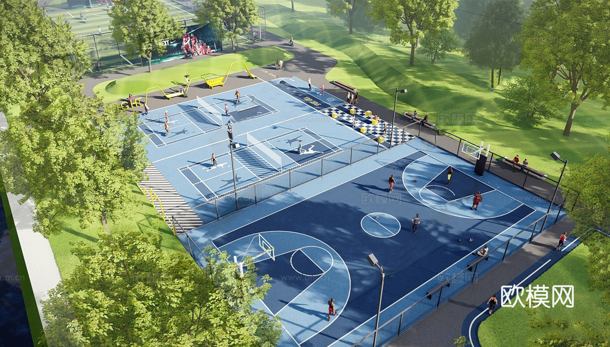 现代体育公园 球运动场 篮球 羽毛su模型