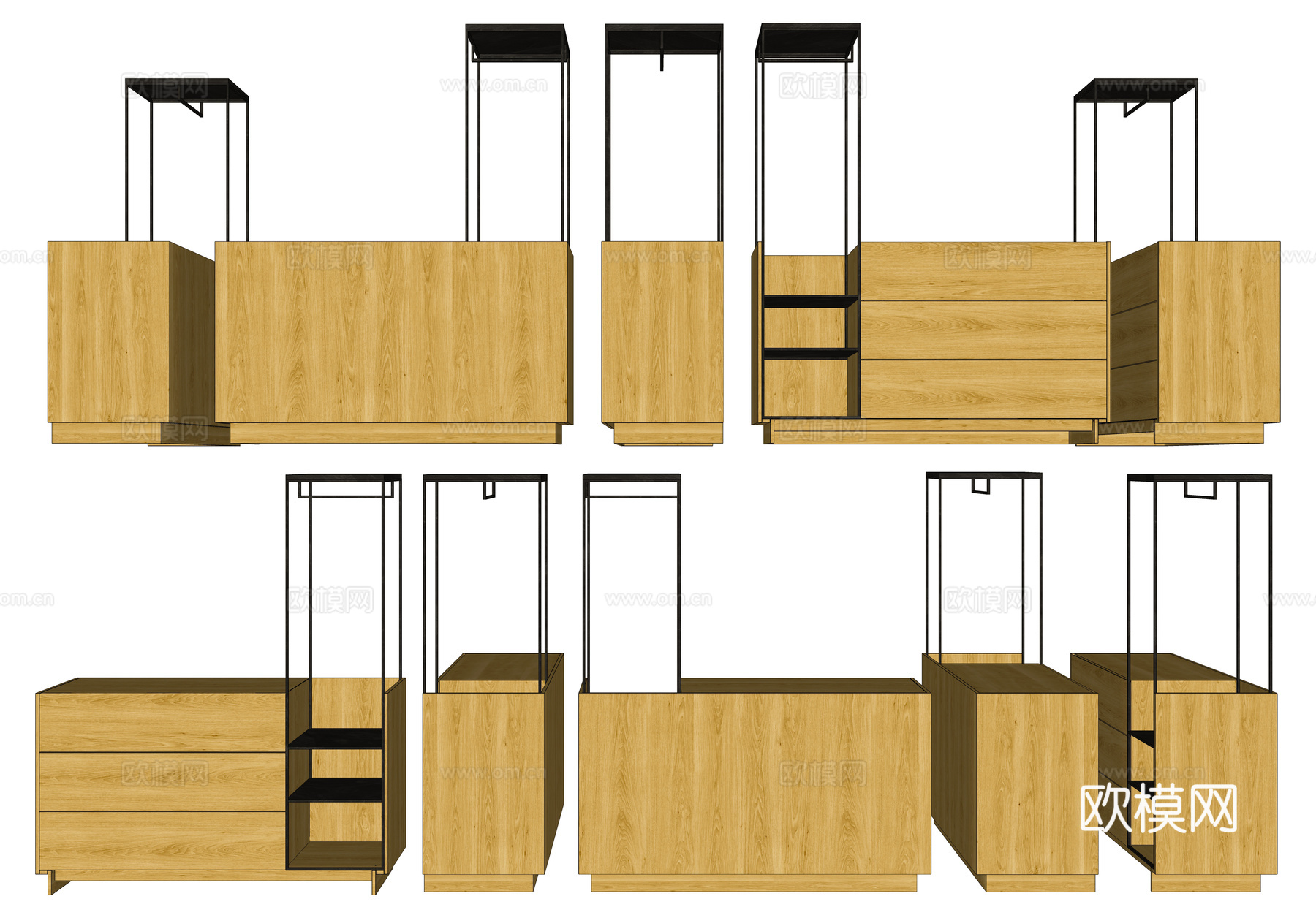 现代实木五斗柜 创意北欧五斗柜 实木卧室储物柜 斗柜衣架组合su模型