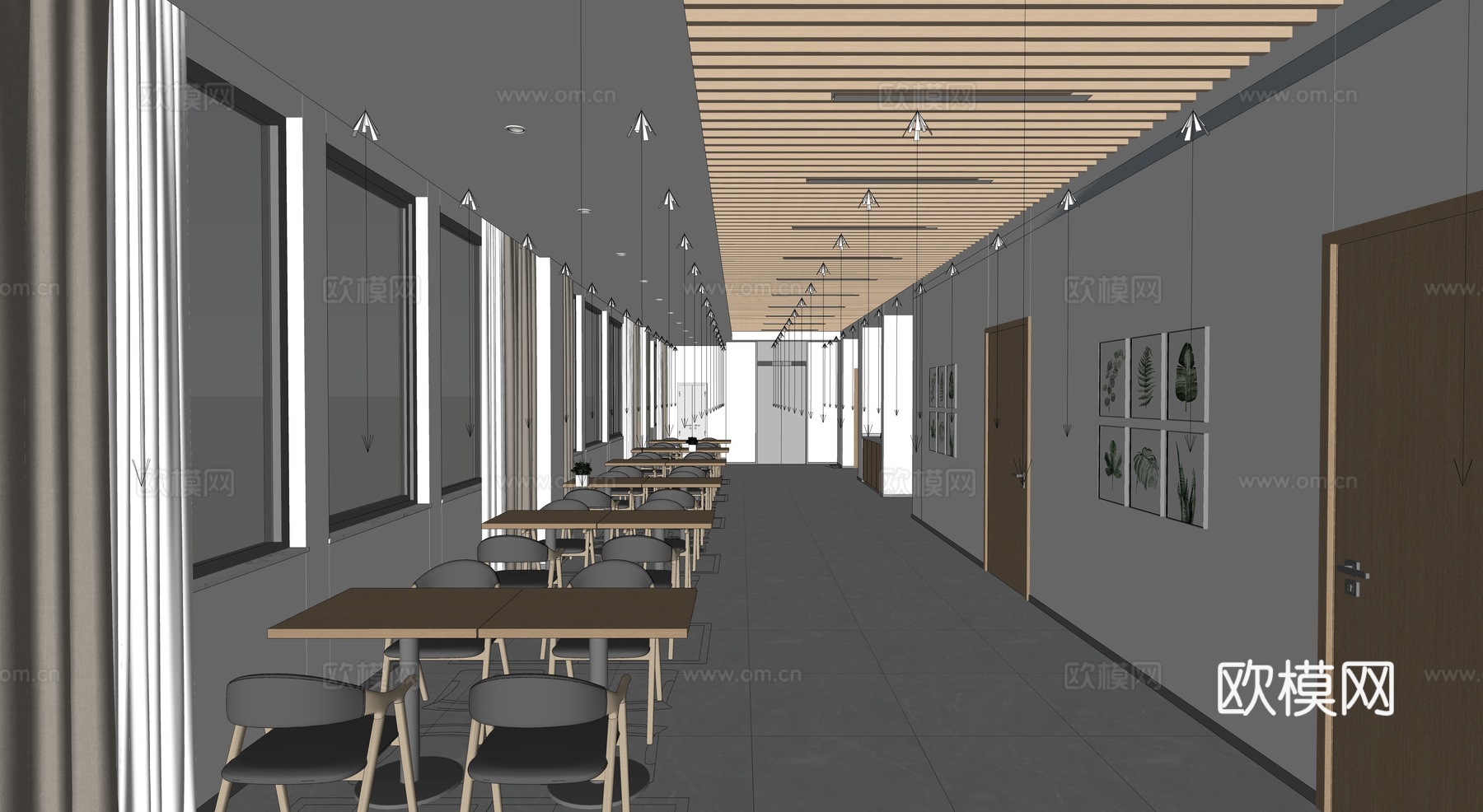 现代极简食堂 餐厅 活动室 食堂明档 餐桌椅 铝方通su模型