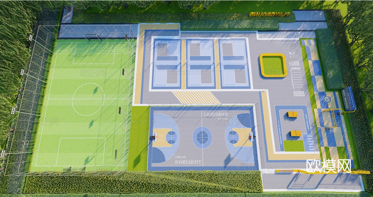 现代标准篮球场 标准足球场su模型