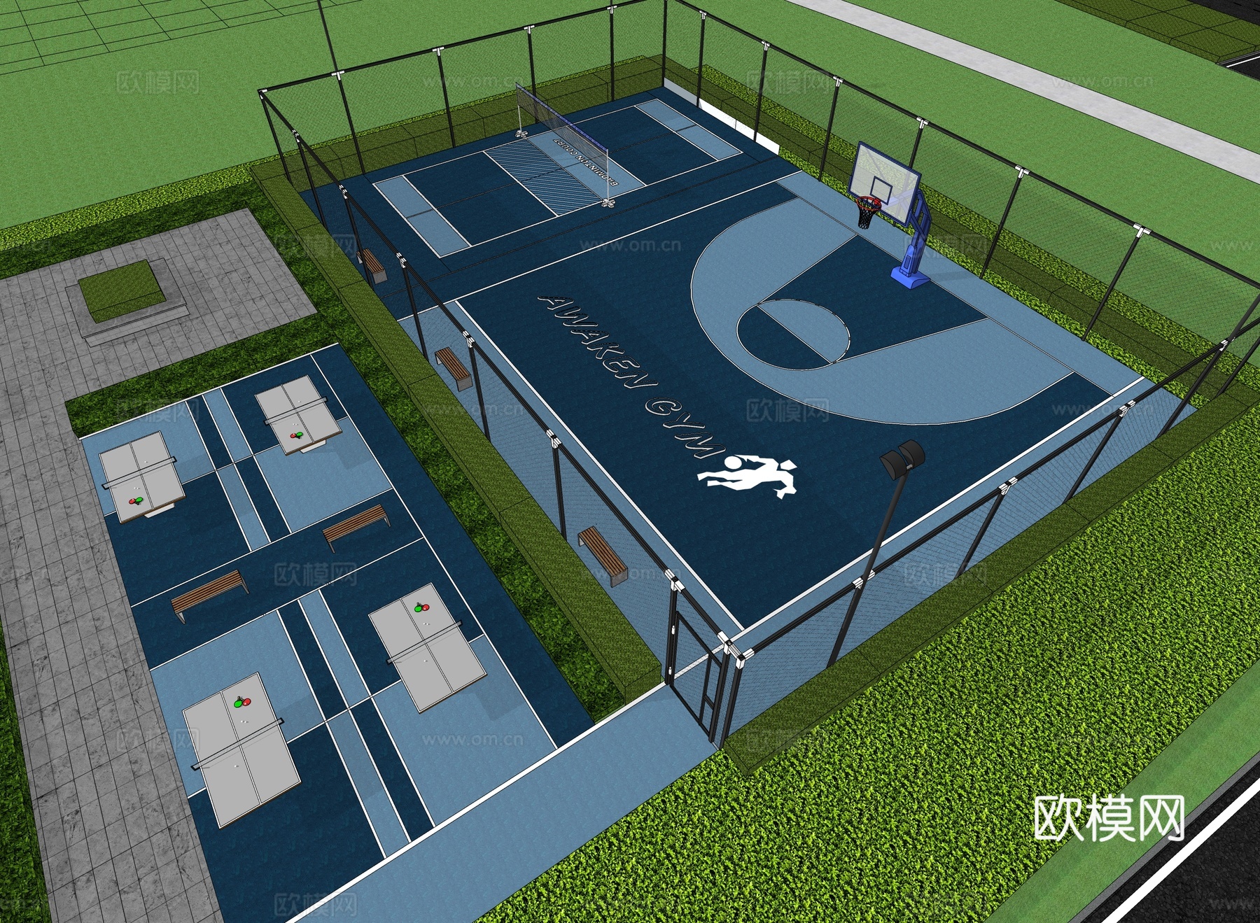 现代篮球场 羽毛球场 乒乓球场地su模型