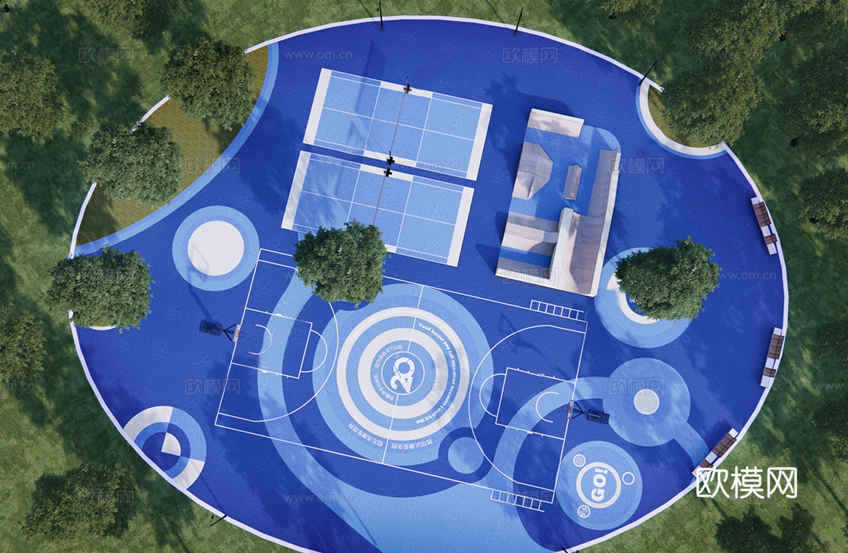 现代篮球场  户外篮球场su模型