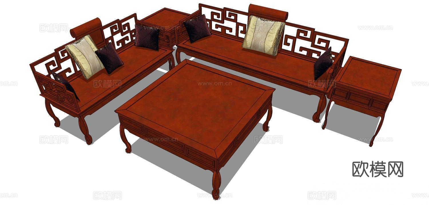 实木沙发 多人沙发 沙发 组合沙发su模型