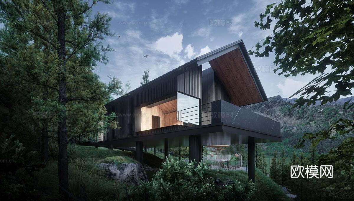 现代民宿建筑 木制 异形su模型