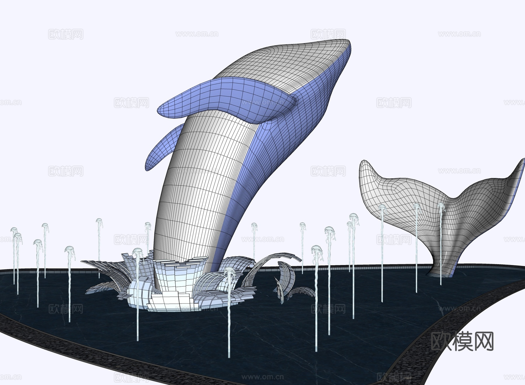 现代鲸鱼水景雕塑小品 有水景su模型