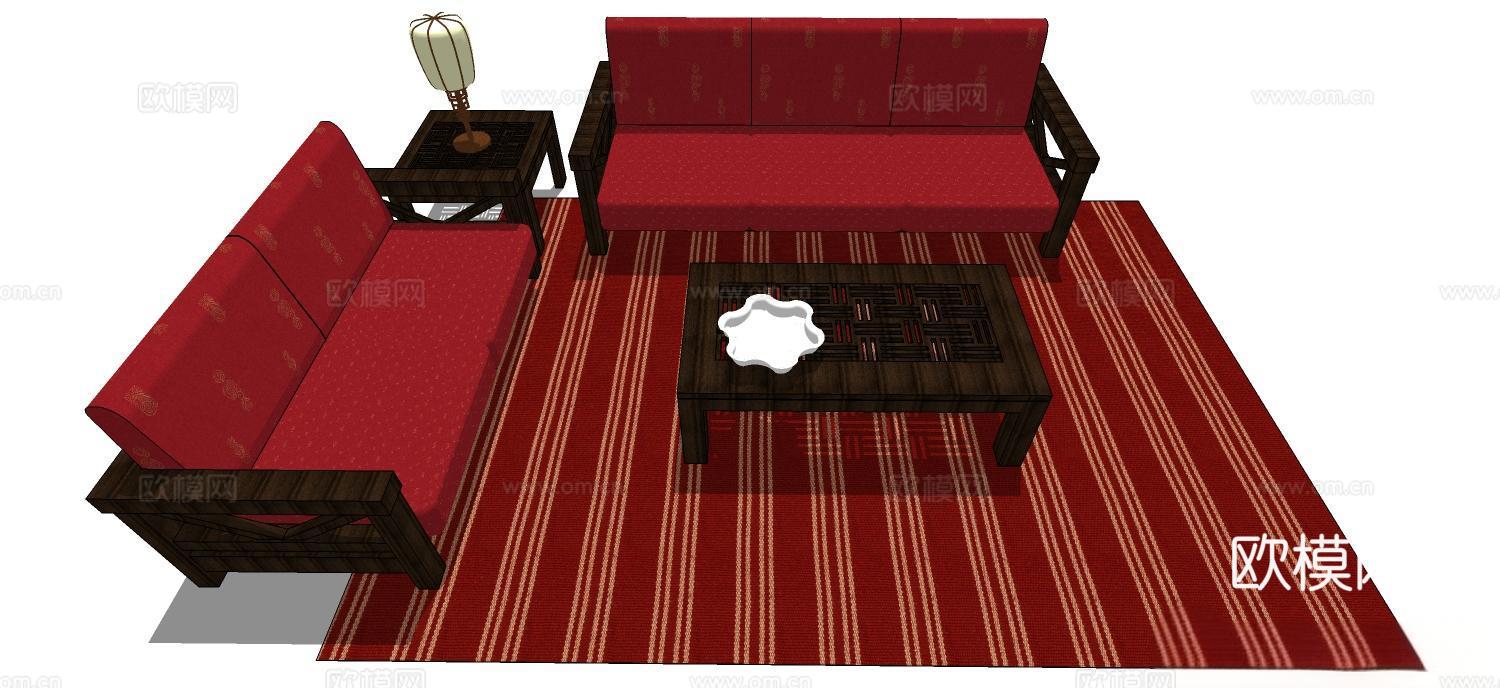 实木沙发 多人沙发 沙发 组合沙发su模型