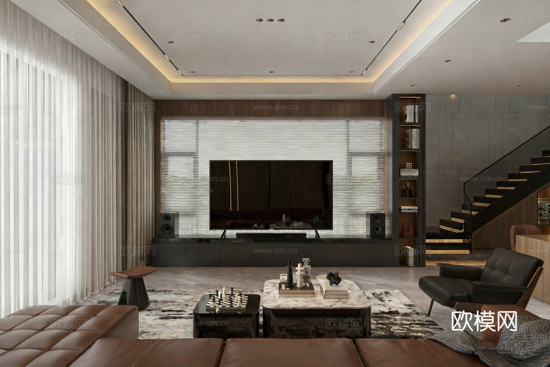 现代简约客厅全案 开放式客餐厨一体 大平层豪宅su模型