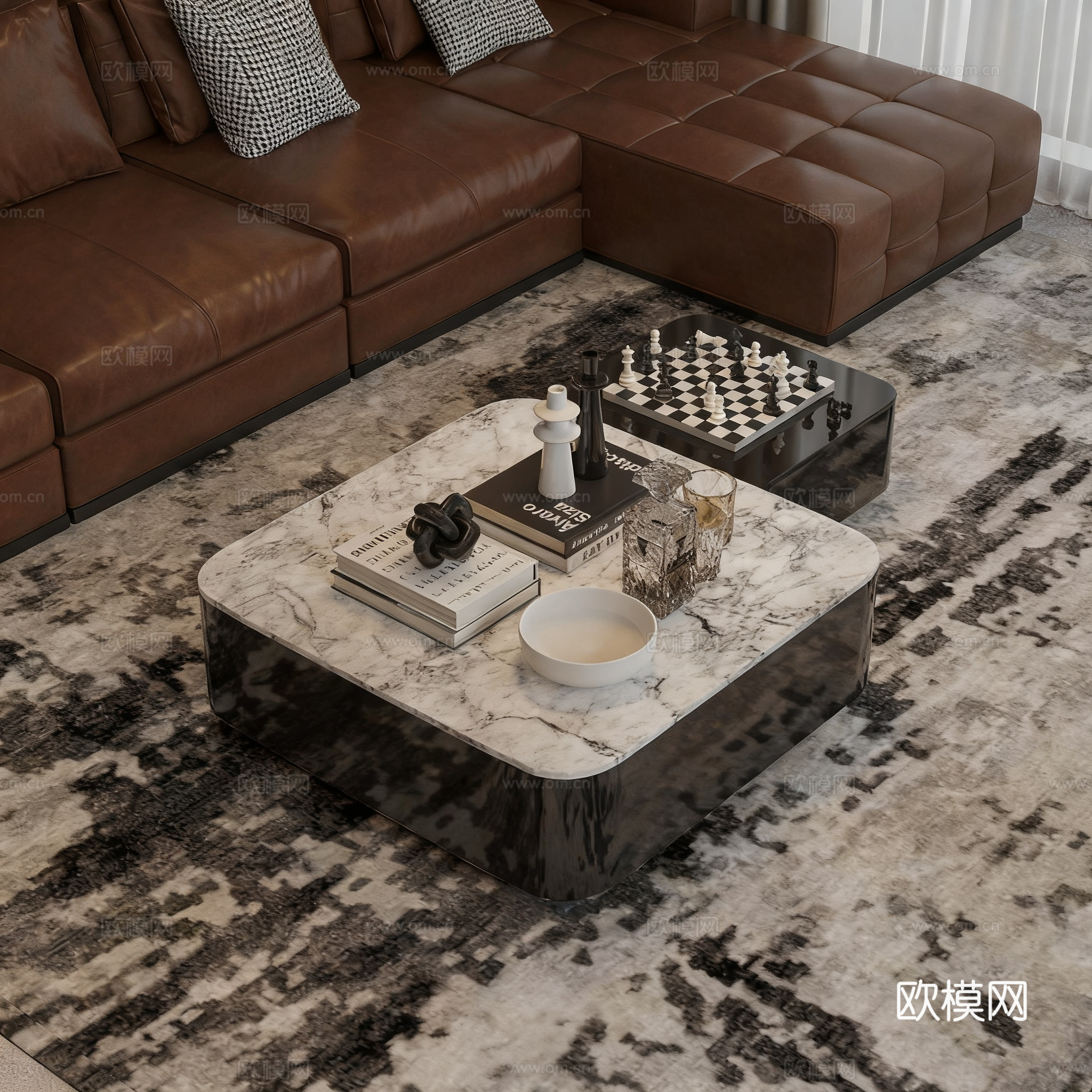 现代简约客厅全案 开放式客餐厨一体 大平层豪宅su模型