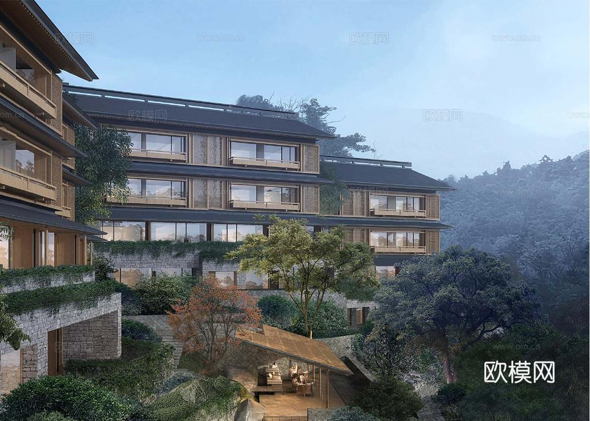 新中式山地度假酒店 野奢坡屋顶木屋 酒店建筑  酒店民宿su模型
