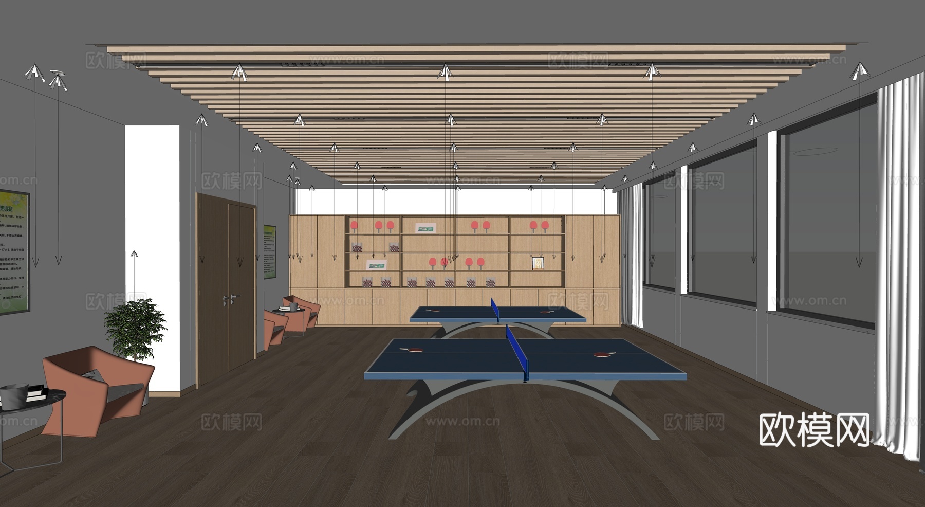 现代台球室 乒乓球室 文化活动室 乒乓球桌su模型
