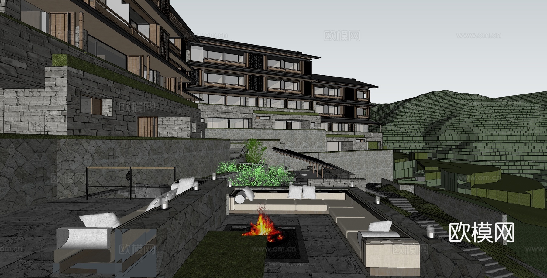 新中式山地度假酒店 野奢坡屋顶木屋 酒店建筑  酒店民宿su模型