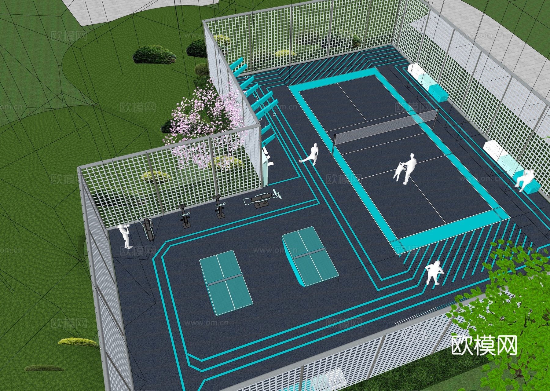 现代网球场 体育公园su模型