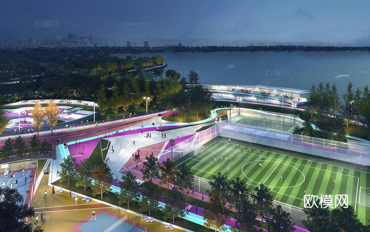 现代体育公园 足球场 滑板场地su模型