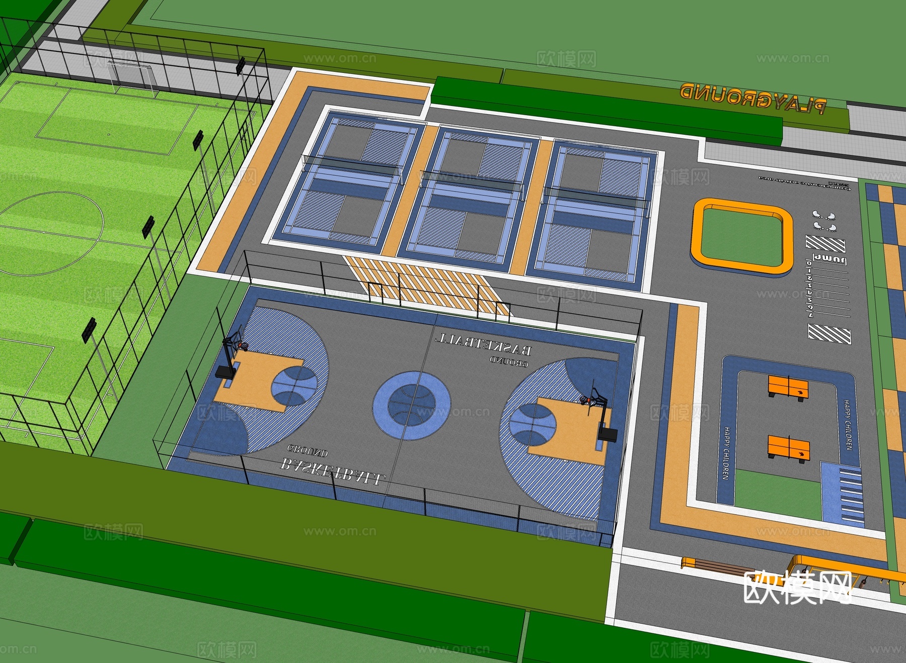 现代标准篮球场 标准足球场su模型