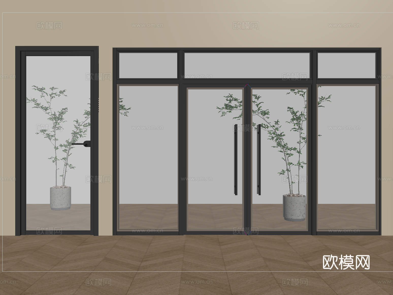 现代双开玻璃门 单开玻璃门 办公室玻璃门su模型