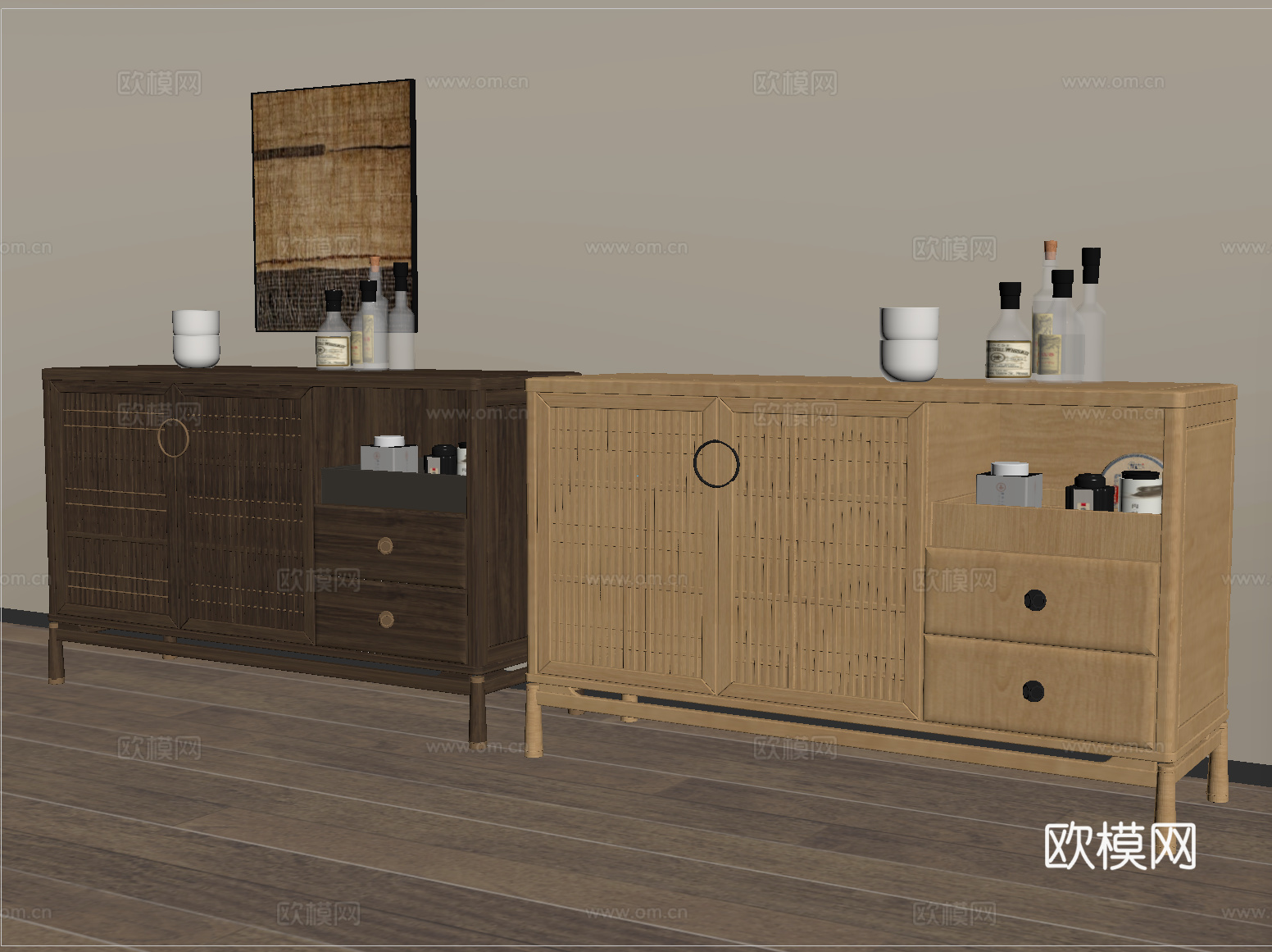 新中式餐边柜 装饰柜 茶水柜su模型