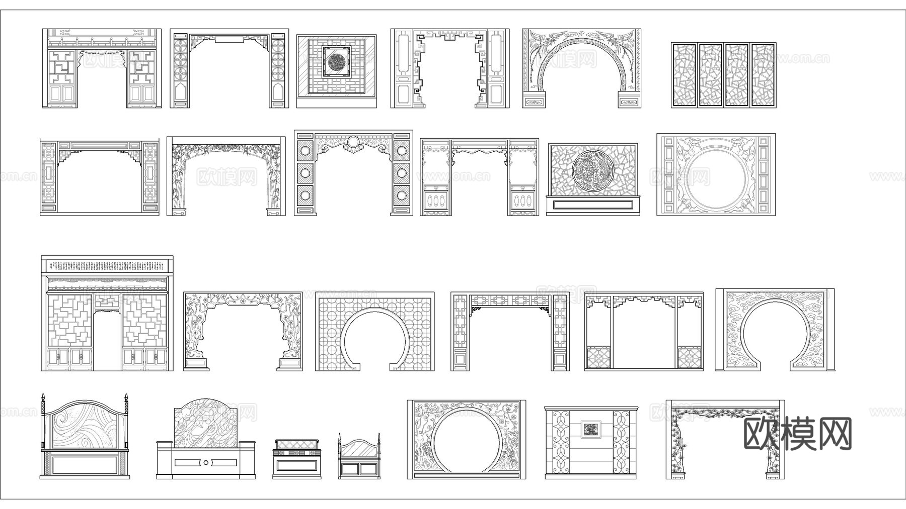中式CAD图块 传统装饰构件库 古建 花窗格栅 ​​月洞门cad施工图cad施工图