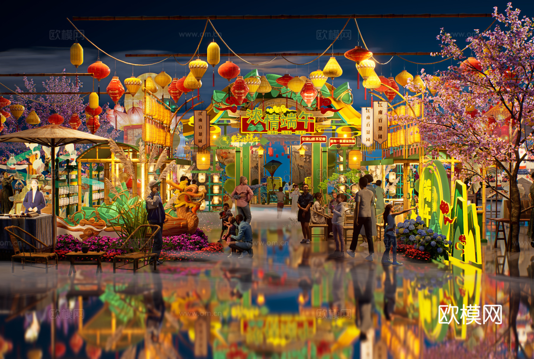 网红打卡国潮古风端午节日灯笼集市美陈su模型