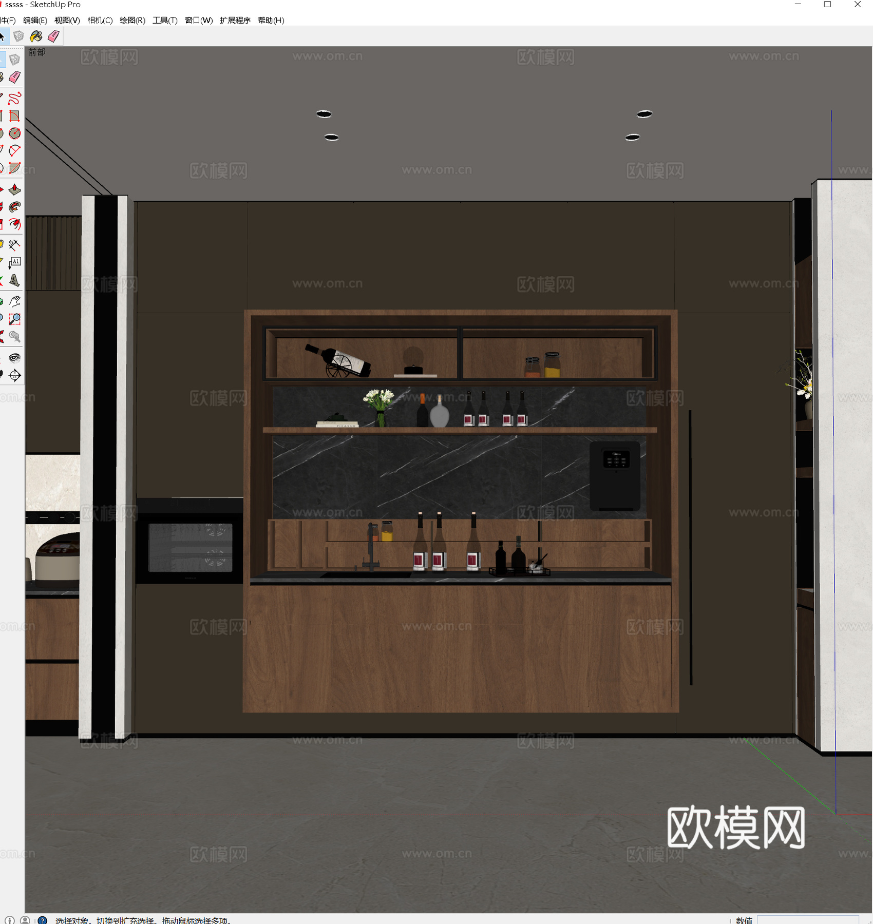 现代意式西厨酒柜 意式酒柜餐边柜 意式西厨餐厅 咖色柜门红木su模型