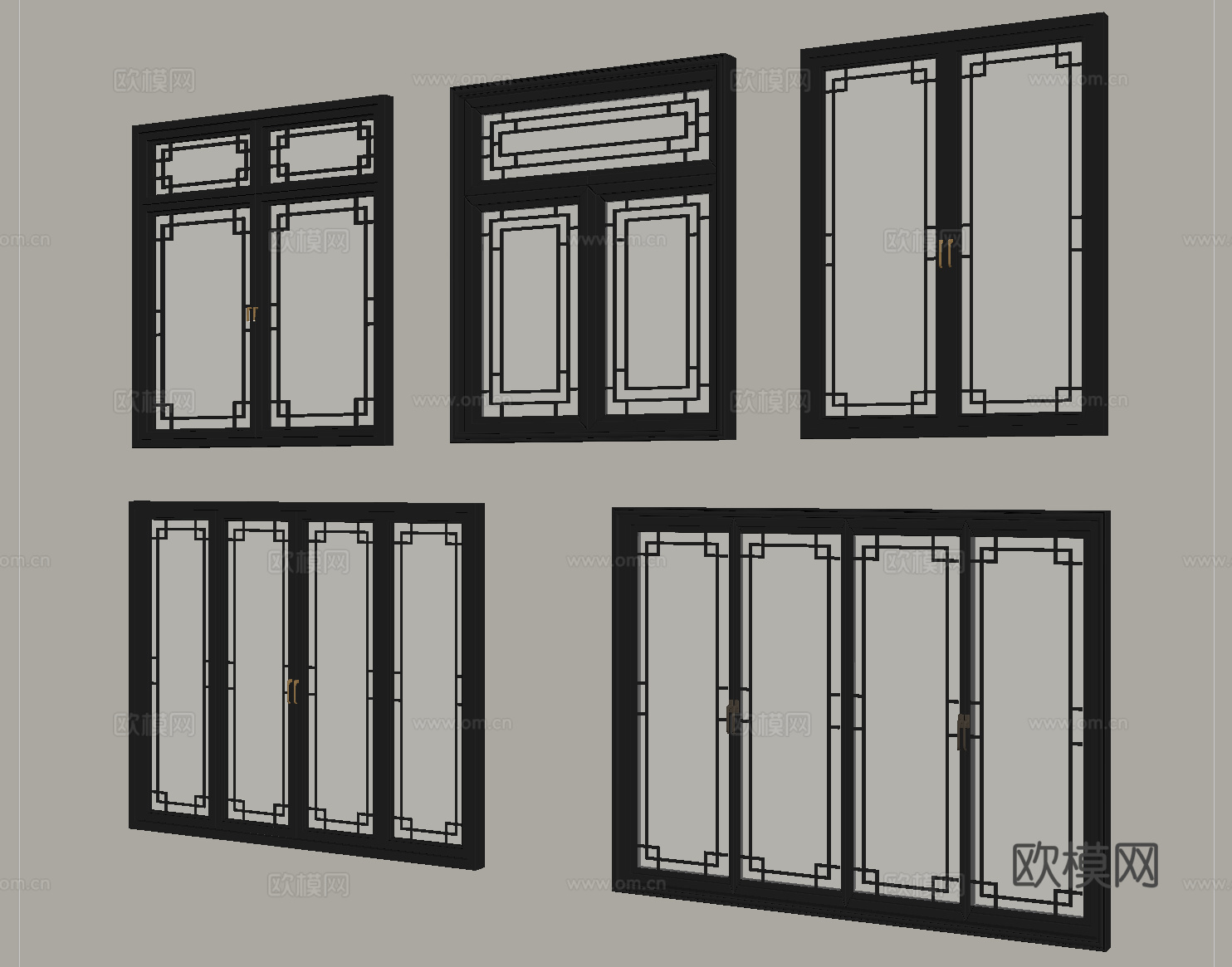 中式窗户 平开窗 落地窗 阳台窗su模型