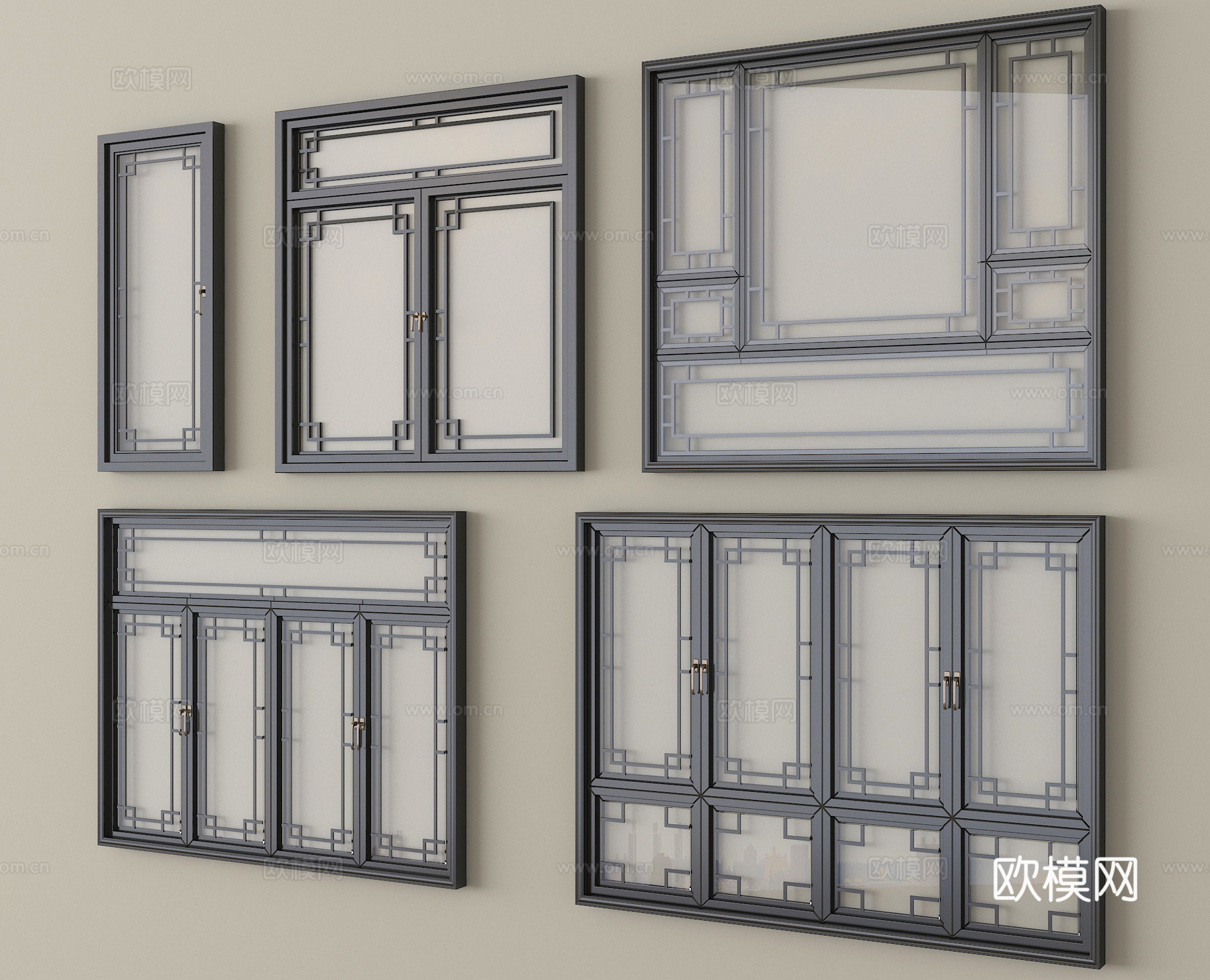 中式窗户 平开窗 落地窗 阳台窗su模型