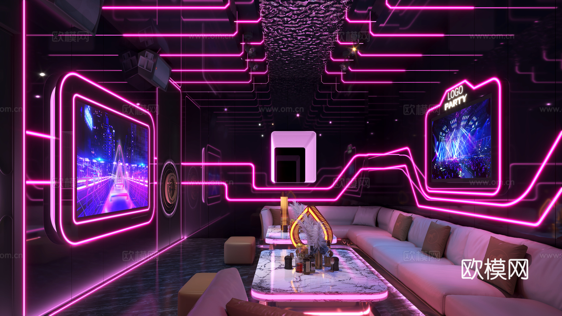 KTV  沙发组合 透明发光茶几 镂空铁艺造型 金属板su模型