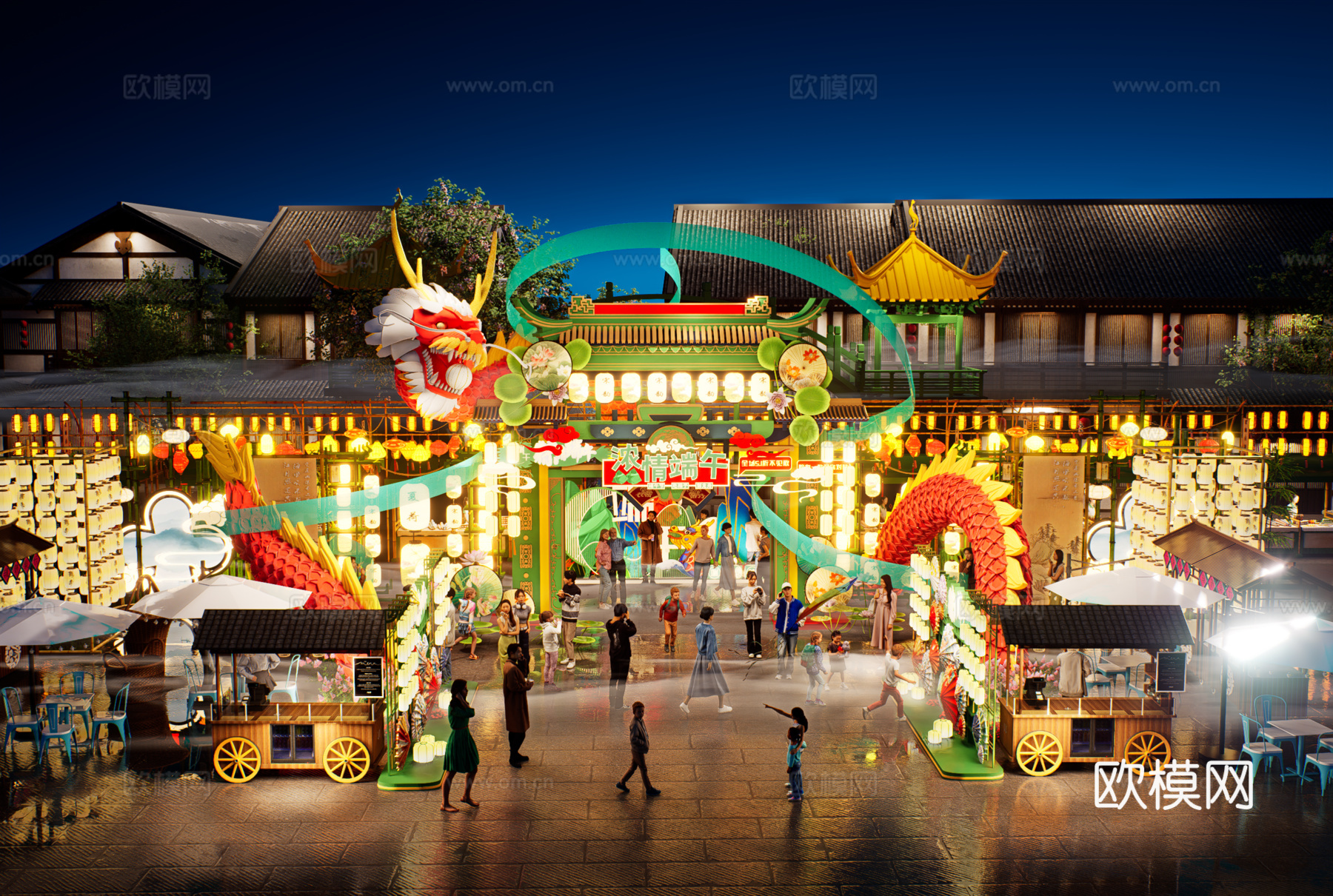 网红打卡国潮古风端午节日灯笼集市美陈su模型下载（渲染图1）