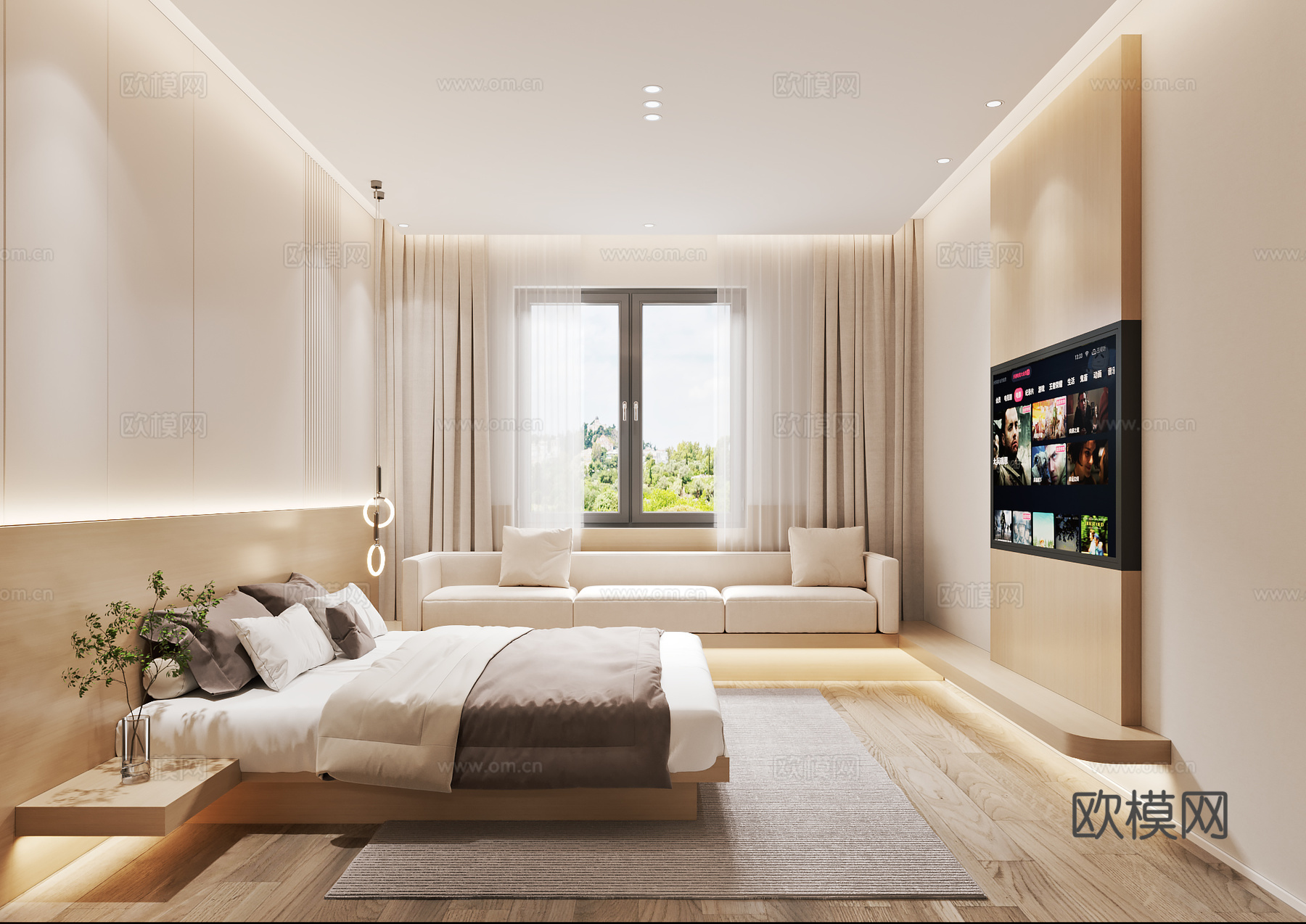 现代酒店客房 大床房 电视背景墙3d模型下载