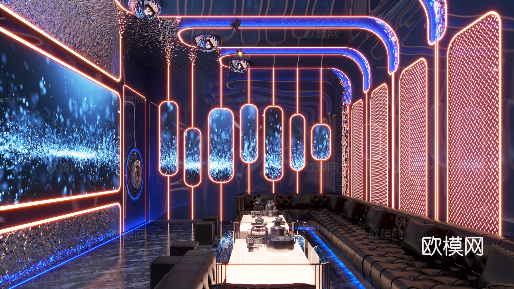 KTV  沙发组合 透明发光茶几 镂空铁艺造型 金属板su模型