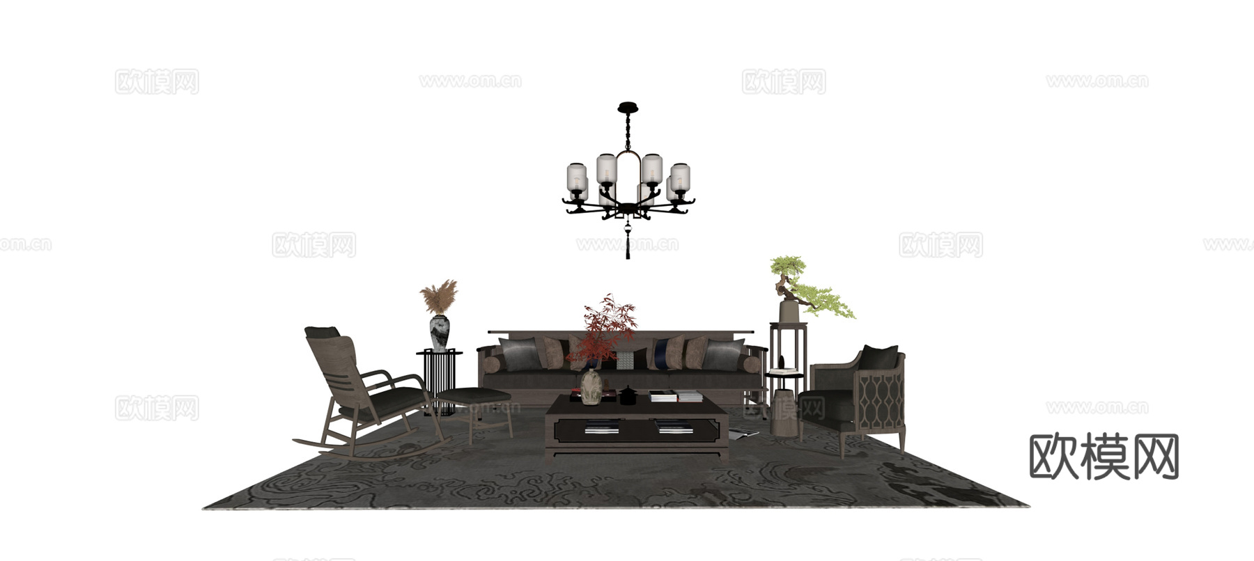 新中式客厅沙发茶几组合 ​​深色系木质家具 几何图案地毯 多su模型