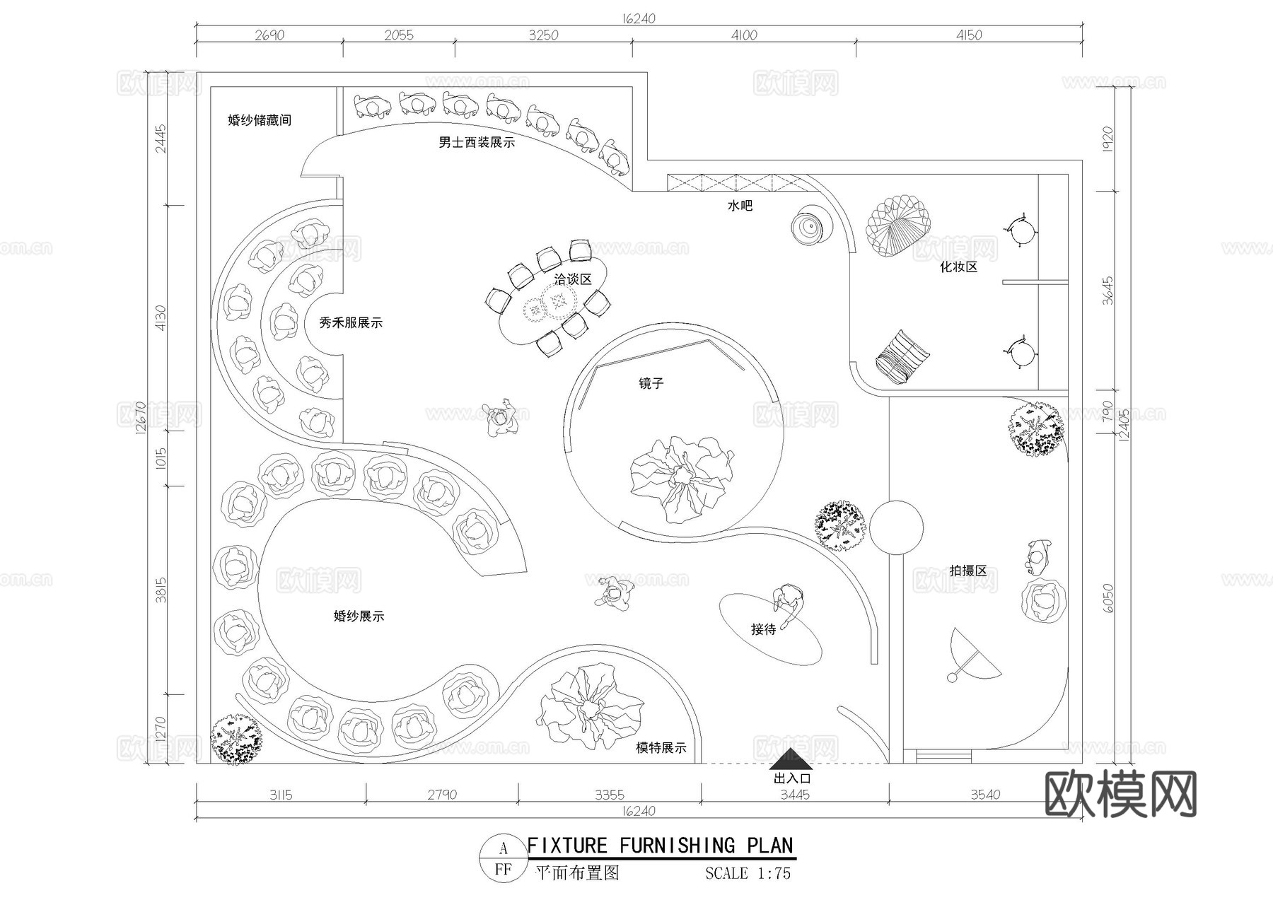 现代婚纱馆平面布置图cad施工图