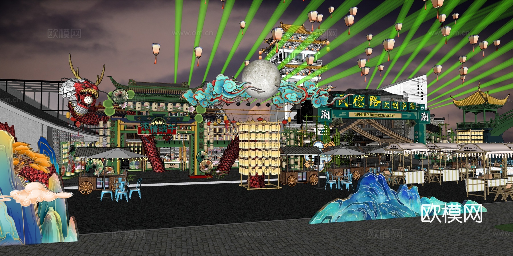 网红打卡国潮古风端午节日灯笼集市美陈su模型