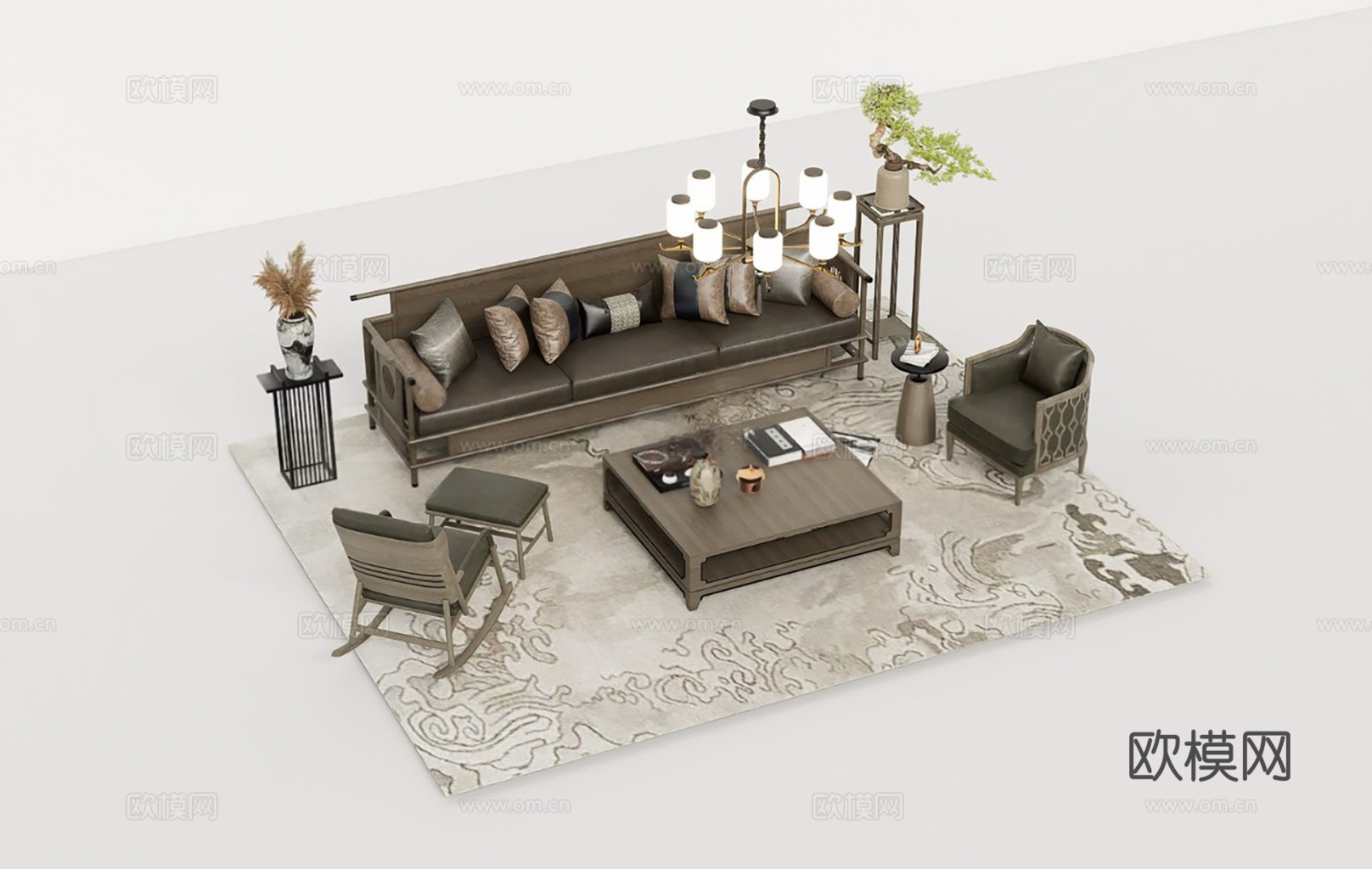 新中式客厅沙发茶几组合 ​​深色系木质家具 几何图案地毯 多su模型