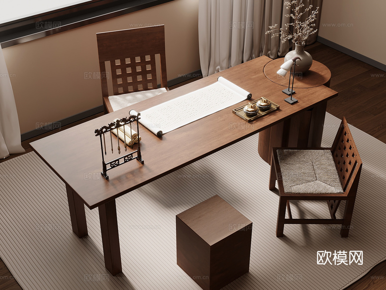 新中式书桌椅 办公桌椅3d模型下载_ID16144486_3dmax免费模型-欧模网