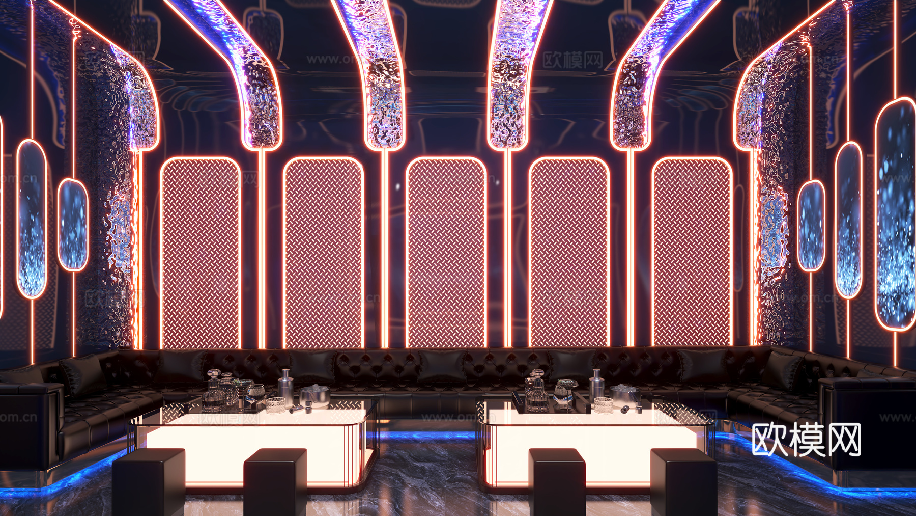 KTV  沙发组合 透明发光茶几 镂空铁艺造型 金属板su模型