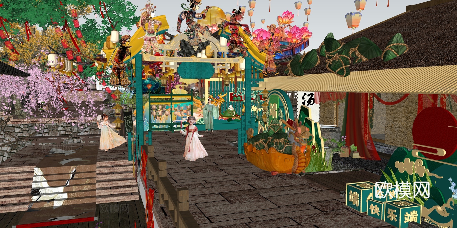 网红打卡国潮古风端午节日灯笼集市美陈su模型下载（渲染图2）