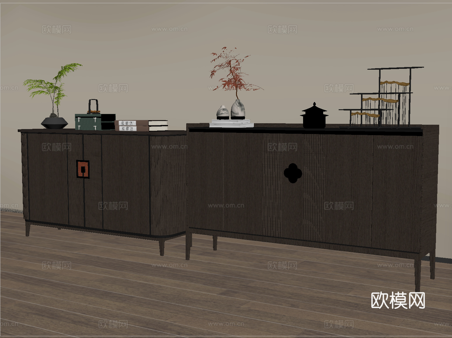 新中式玄关柜 边柜 装饰柜 摆件su模型
