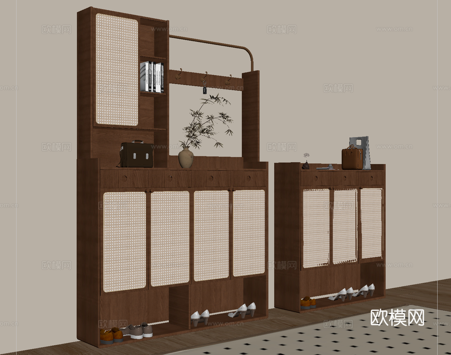中古风置物柜 边柜 鞋柜 藤编柜门su模型