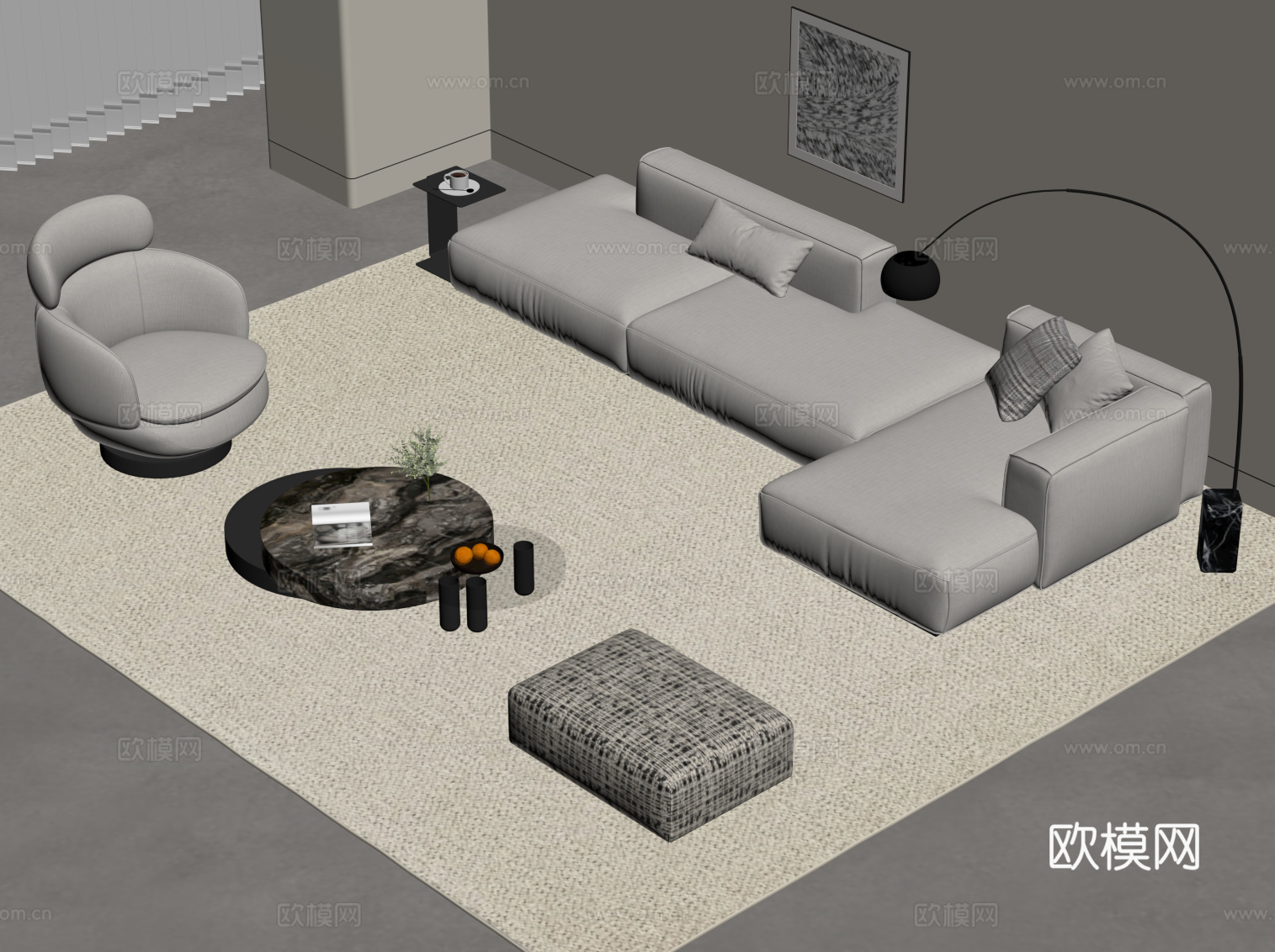 现代极简沙发组合 沙发茶几su模型