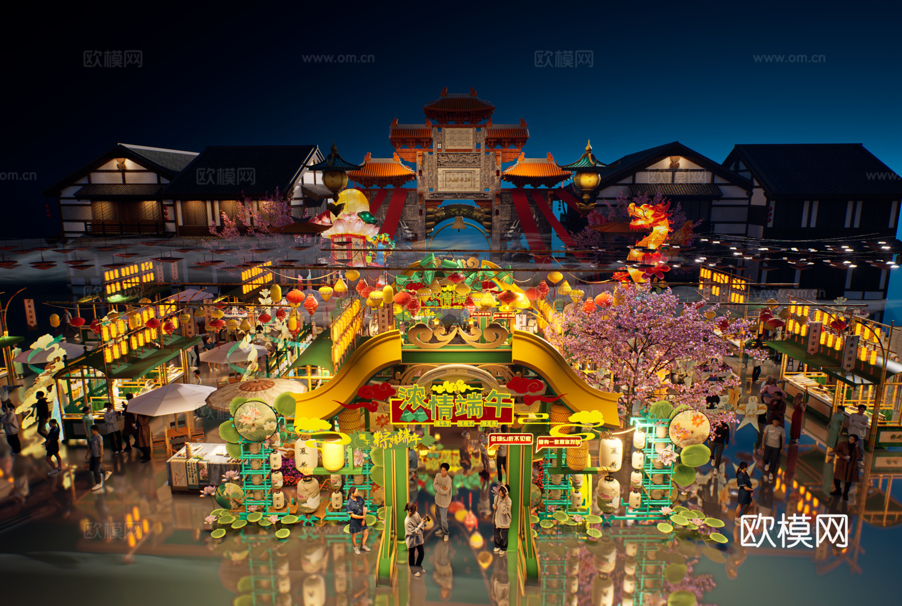 网红打卡国潮古风端午节日灯笼集市美陈su模型下载（渲染图1）