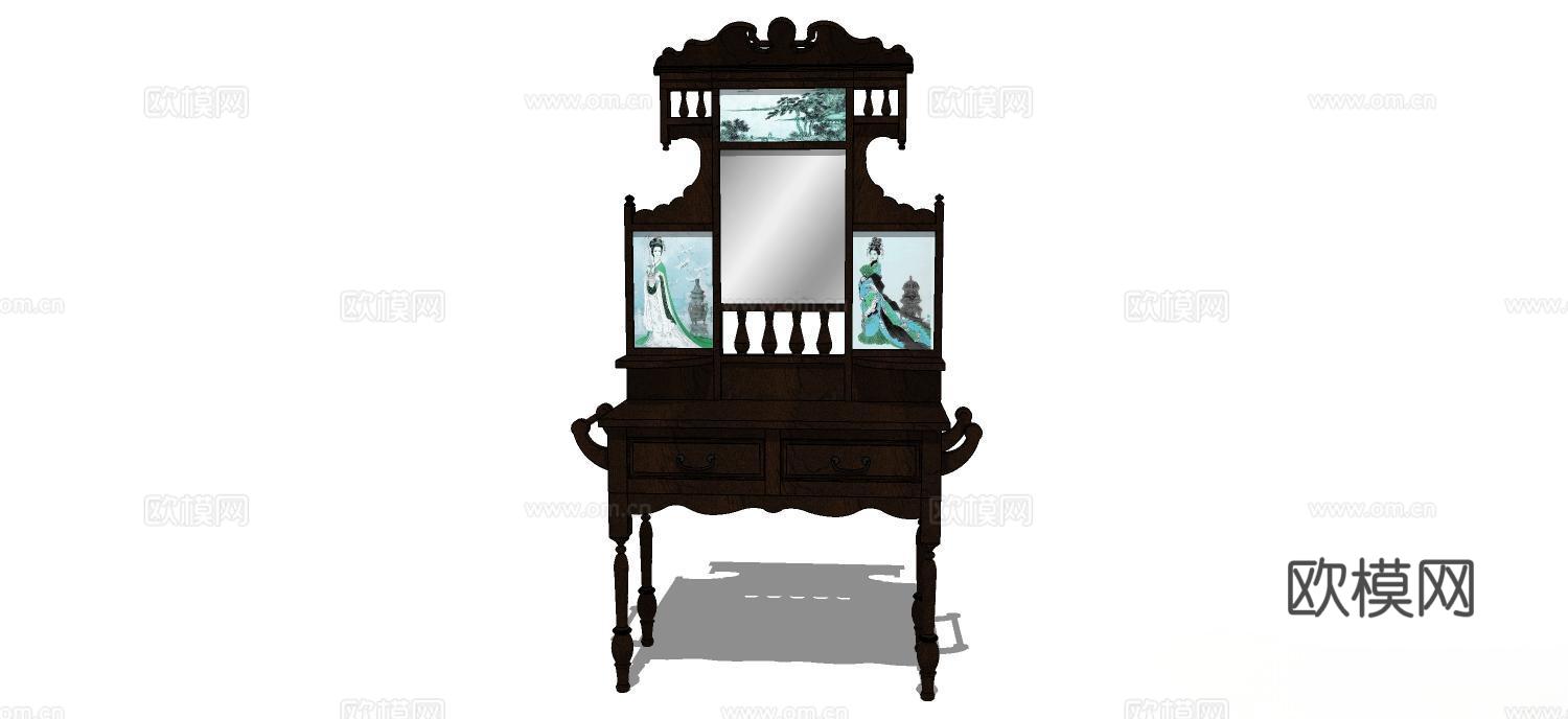 梳妆凳 凳子 实木凳子 梳妆台 实木梳妆台su模型