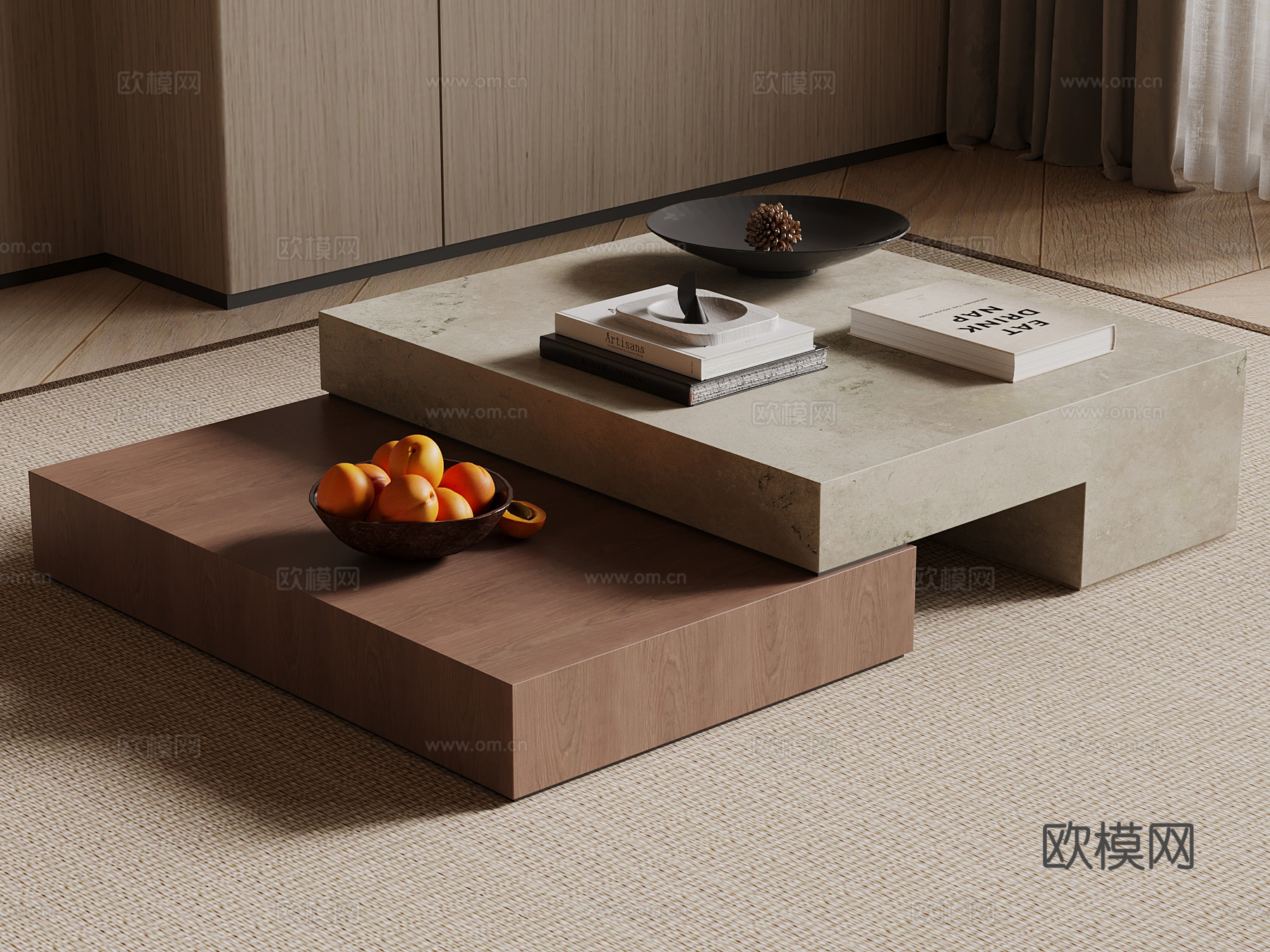 侘寂中古茶几 方形茶几su模型