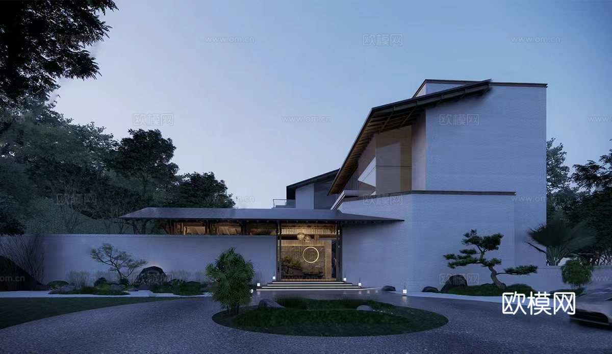 新中式民宿建筑 斜顶su模型