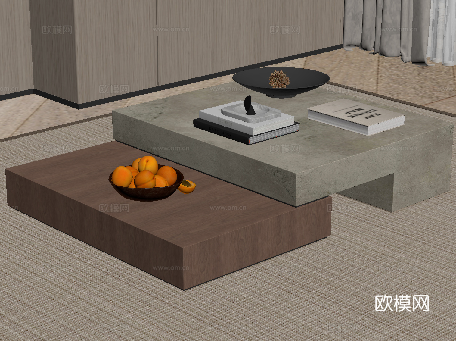 侘寂中古茶几 方形茶几su模型