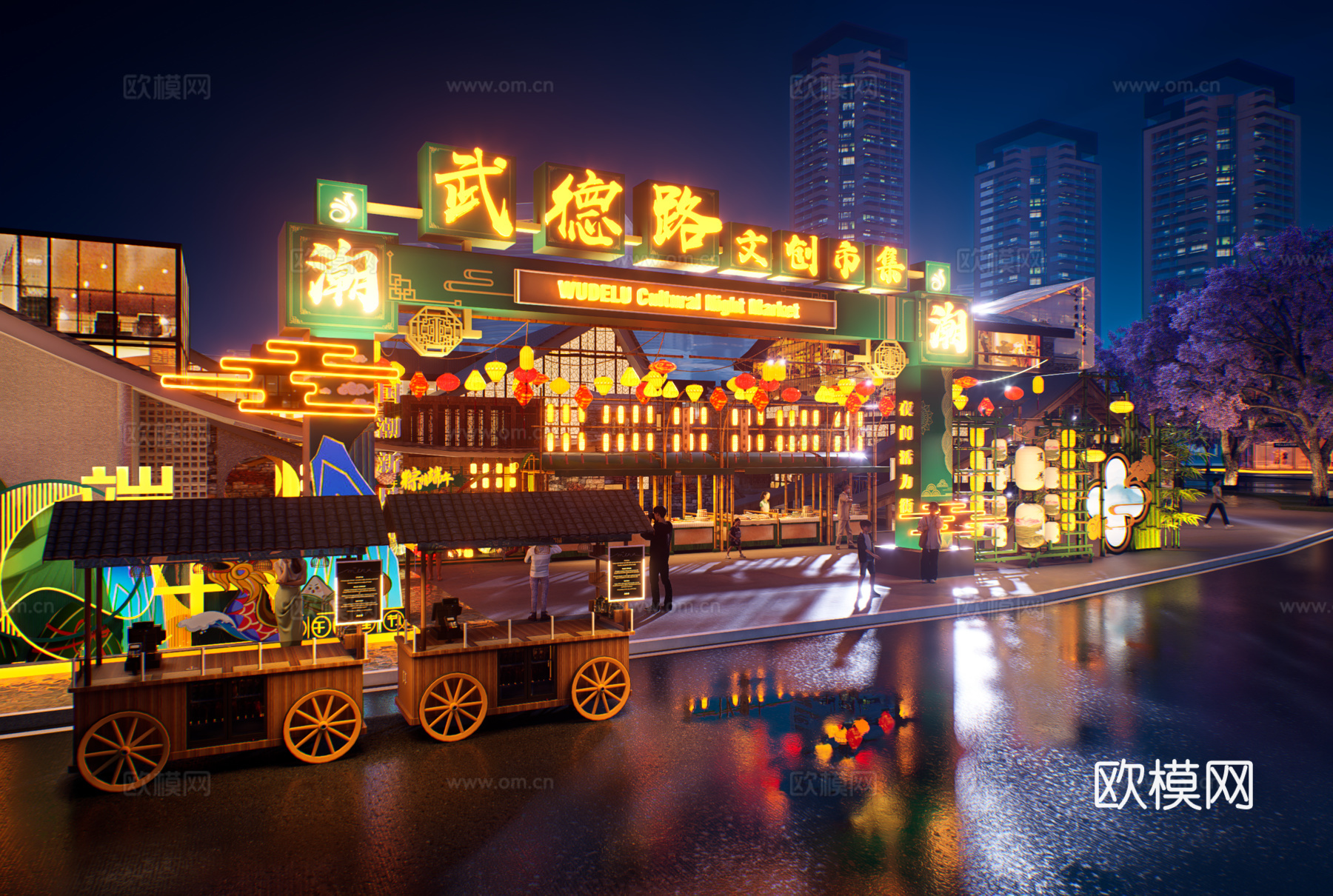 网红打卡国潮古风端午节日灯笼集市美陈su模型