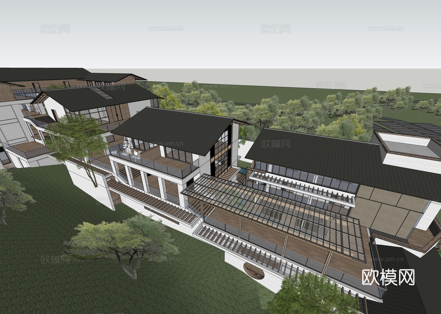 新中式民宿建筑 斜顶su模型