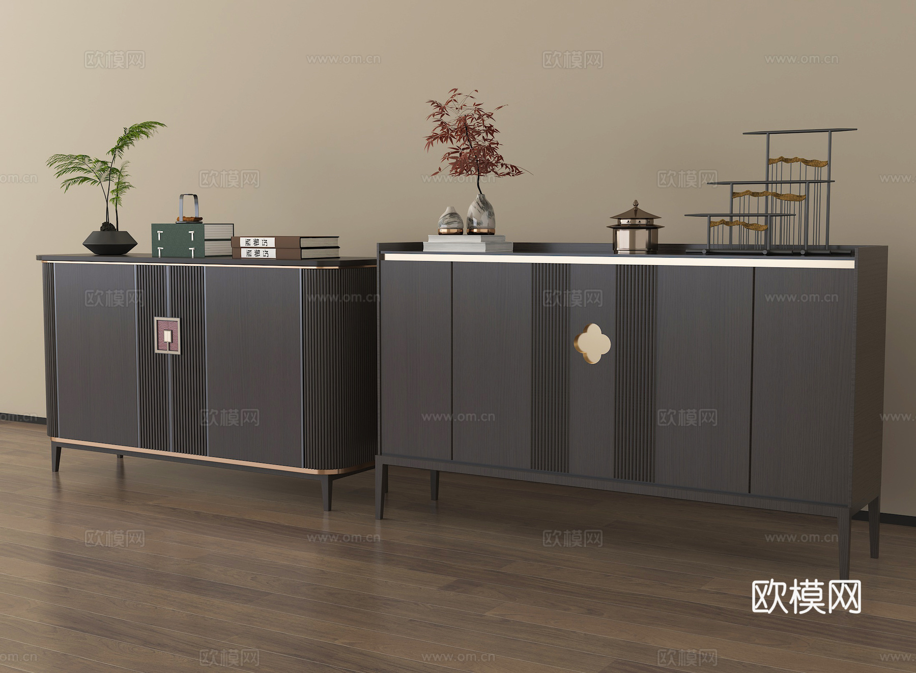 新中式玄关柜 边柜 装饰柜 摆件su模型